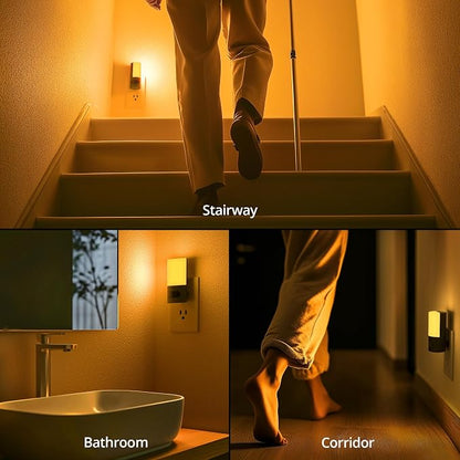 Plug-in LED Amber Night Light with Motion Sensor, Rotatable, Dimmable Backlit Nightlight, 1-150lm Adjustable Brightness for Bathroom, Bedroom, Hallway, Stairs, 2 Pack