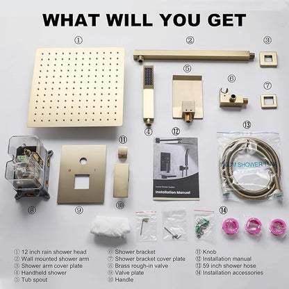 Shower System with Tub Spout, 12-Inch High-Pressure Rain Showerhead and Handheld Combo, Brushed Gold Shower Faucet Set with Rough-in Valve and Trim Kit, Wall Mounted All-Metal Shower Set