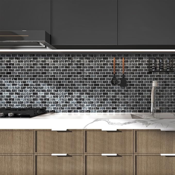 Glass Mosaic Tile Backsplash Black 12 Inch 5 sq.ft | Glass Tiles for Kitchen Backsplash Bathroom and Shower 5-Pack