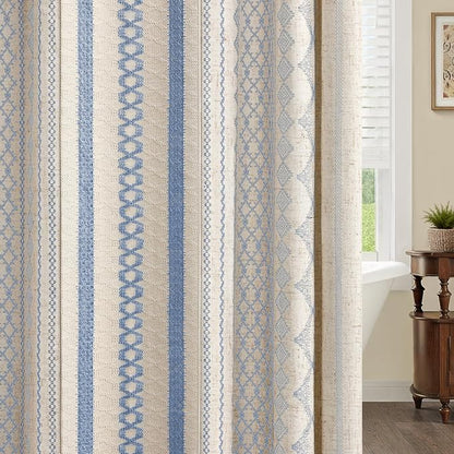 Light Blue Boho Linen Shower Curtain,72" W x 72" L | Linen Striped Print and Twine-Inspired Woven Center for Bathroom