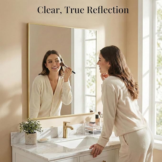 30"x30" Satin Gold Framed Square Bathroom Vanity Wall Mirror | Accent Wall Mirror, Square Geometric Look, Slim Metal Frame, Living Room or Entryway, Keyhole Mount, Tempered Glass