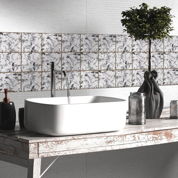 Alwayspon Vinyl Sticker Peel and Stick, Self-Adhesive Wall Tile Transfers Backsplash Sticker Decal for Kitchen Bathroom, 6x6inch/15x15cm 10Pcs, Monochrome Floral T041