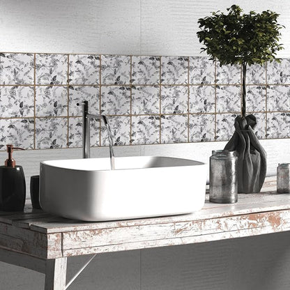 Alwayspon Vinyl Sticker Peel and Stick, Self-Adhesive Wall Tile Transfers Backsplash Sticker Decal for Kitchen Bathroom, 6x6inch/15x15cm 10Pcs, Monochrome Floral T041