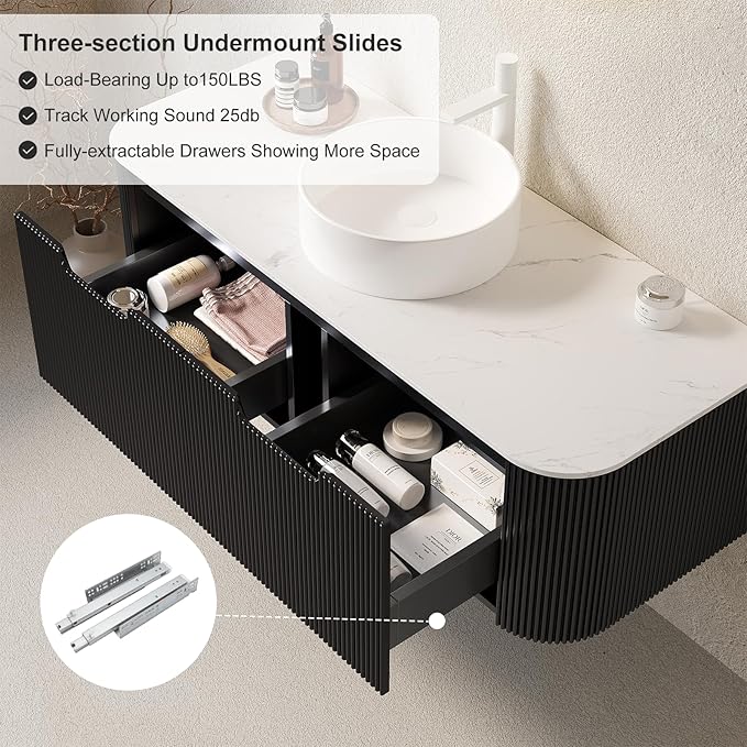 30" Floating Bathroom Vanity with Sink, Solid Wood Modern Bathroom Storage Cabinet with Ultra-Thin Round Crystal Glass Basin and Marble Countertop, Soft-Close Design, Pre-Assembled, Black