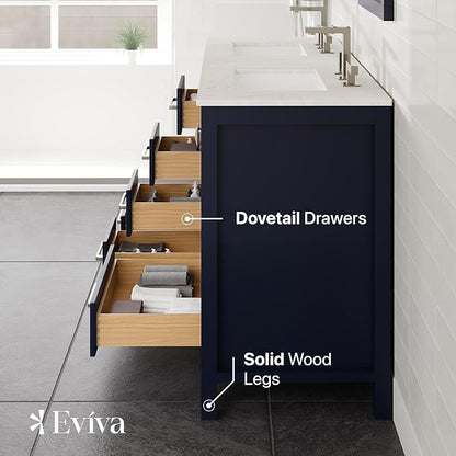Eviva Aberdeen 60 in. Blue Double Sink Bath Vanity with Carrara Quartz Top and Undermount Porcelain Sinks