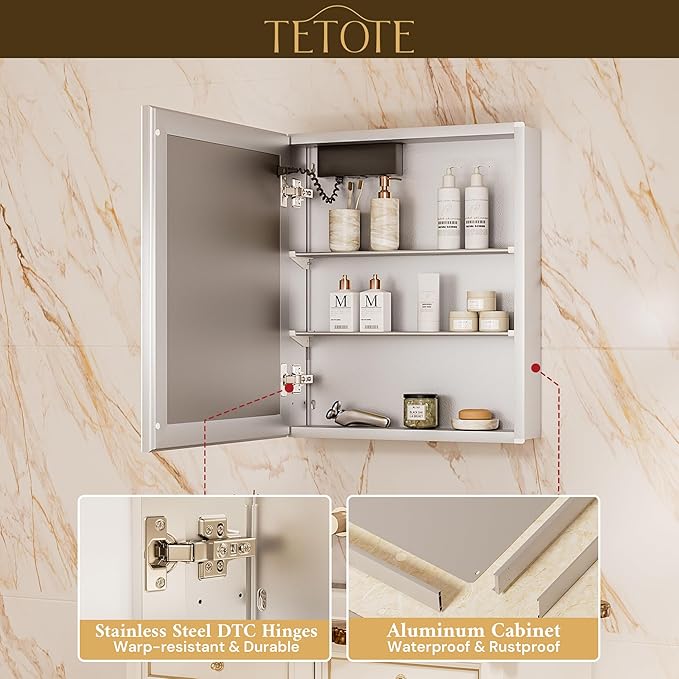 TETOTE 16 x 24 Lighted Bathroom Medicine Cabinet with Adjustable Shelves, Silver Aluminum Cabinet, Anti-Fog Stepless Dimmable 3 Colors White/Warm/Natural, Easy to Install(Wall Mount/Recessed)