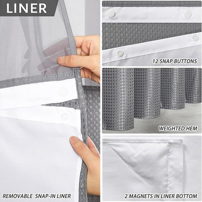 Furlinic Stall Size No Hook Shower Curtain with Snap in Liner,Waffle Weave Heavy Duty Fabric Bathroom Curtains with See Through Top Window,Waterproof & Machine Washable,Grey,36x72 Inch