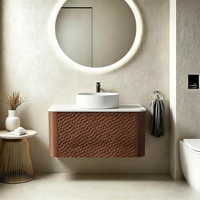 30 Inch Modern Bathroom Vanity with Ceramic Sink, Floating Bathroom Vanity Cabinet with Sintered Stone Top&Solid Wood Hammered Frame, Single Sink Bathroom Vanities w/Soft-Close Drawers,Walnut