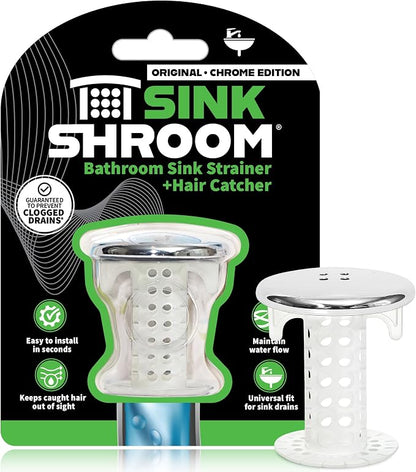SinkShroom Revolutionary Bathroom Sink Drain Protector Hair Catcher, Strainer, Snare, Silicone , Brushed, Sinkshroom Chrome Edition, 1" -1.4"
