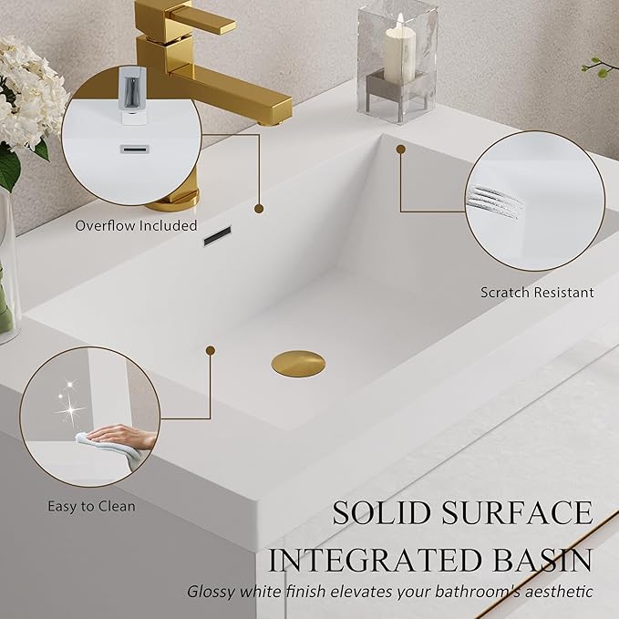 Abruzzo 36" Glossy White Wall-Mounted Bathroom Vanity with Sink – Stone Resin Countertop & Soft-Close Drawers, Waterproof Wood Cabinet for Small Bathrooms