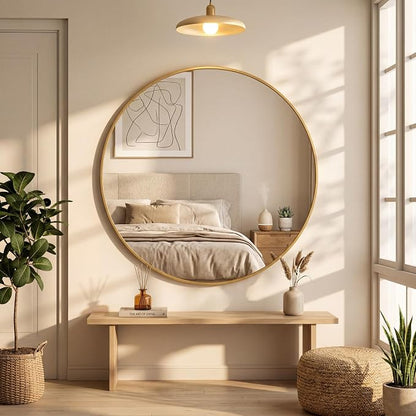 OLIXIS Bathroom Round Mirror for Over Sink, 36 in Wall Circle Mirror, Gold | Matte Brushed Metal Framed, Modern Wall Mount Vanity Mirrors for Home Decor, Living Room, Bedroom