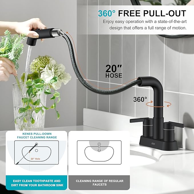 KENES Matte Black Centerset Bathroom Faucet with Pull Down Sprayer, 4 Inch 2 Handle Pull Out Bathroom Faucet 3 Hole, Bathroom Sink Faucet with Pop Up Drain & Supply Lines LJ-9059A-2