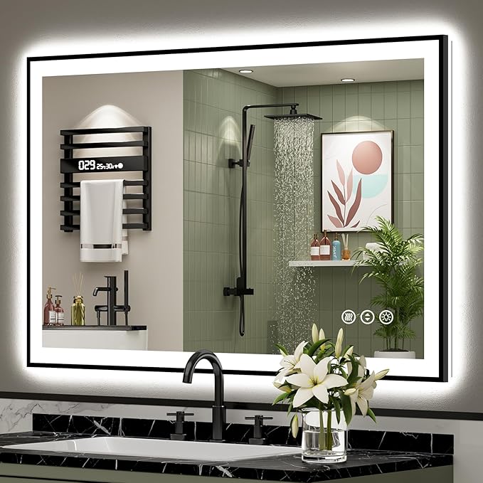 44x32 Black Framed LED Bathroom Mirror with Lights, Backlit and Front Lit Anti-Fog Lighted Vanity Mirrors for Bathroom Wall, Dimmable, 3 Colors, Memory, HD Tempered Glass, Horizontal/Vertical