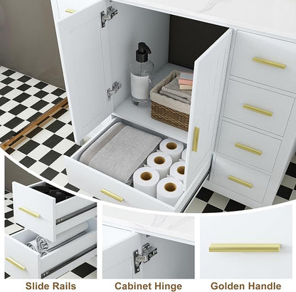 42 Inch Bathroom Vanity with Sink&Countertop,Carrara White Quartz Counter Top with Sink&Backsplash,White Bathroom Cabinet Set with 2 Doors and 9 Drawer(Three Holes)