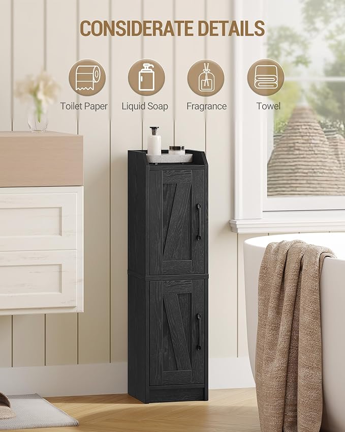 Bathroom Storage Cabinet, Small Corner Floor Cabinet with Door and Shelves, Narrow Bathroom Organizer and Paper Storage with Adjustable Shelves, for Small Spaces, Black BC27004X