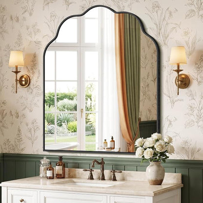 Arched Scalloped Mirror, 30×36Inch Black Bathroom Mirror, Wavy Wall Mounted Vanity Mirror Decor with Aluminum Alloy Frame for Livingroom Bedroom and Entryway, Tempered Glass