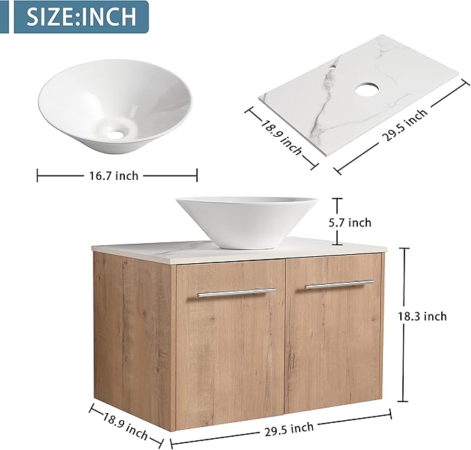 30" Floating Vanity with Sink, 30 Inch Bathroom Vanity with Sink, Modern Plywood Floating Cabinet with Sintered Stone Countertop and White Ceramic Basin, Soft Close Doors