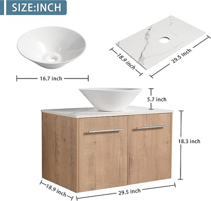30" Floating Vanity with Sink, 30 Inch Bathroom Vanity with Sink, Modern Plywood Floating Cabinet with Sintered Stone Countertop and White Ceramic Basin, Soft Close Doors