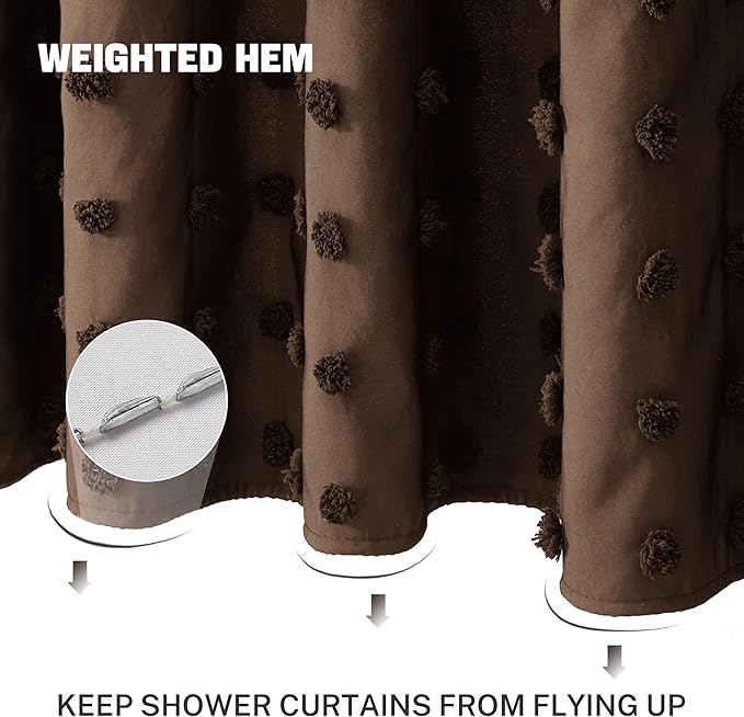 Brown Boho Farmhouse Shower Curtain Woven Fabric Shower Curtain, 72 x 72 Pleat Floral Puffs Tufted Textured Modern Farmhouse Minimalist Shower Curtain Set for Bathroom
