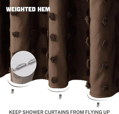 Brown Boho Farmhouse Shower Curtain Woven Fabric Shower Curtain, 72 x 90 Pleat Floral Puffs Tufted Textured Modern Farmhouse Minimalist Shower Curtain Set for Bathroom