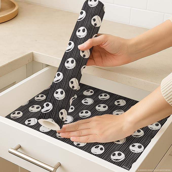 Disney Nightmare Before Christmas Non-Adhesive Shelf Liner, 18" x10' | Non-slip, water and stain resistant, repositions without damage, cuts to fit, wipes clean, ideal for kitchen, pantry, or bath
