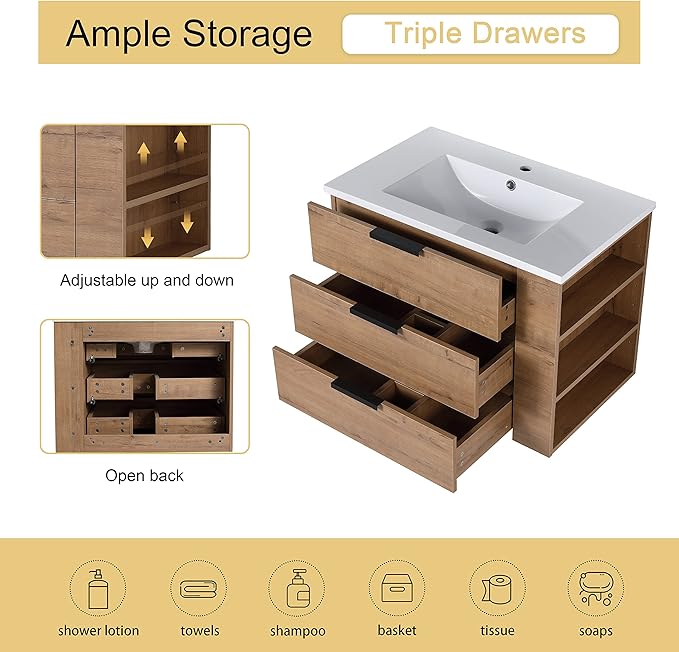 Malwee 30" Floating Bathroom Vanity with Resin Sink, 30 Inch Single Sink Wall Mounted Bathroom Vanity, with 3 Drawers, Bath Wall-Hung Cabinet Set with 3 Side Storage (014-30)