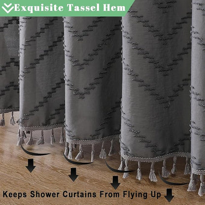 Boho Shower Curtain, Grey Fabric Cloth Shower Curtains Farmhouse Tufted Chevron Striped Textured with Tassel for Bathroom, Soft Hotel Style Modern Minimalist, Machine Washable, 72x72, Grey