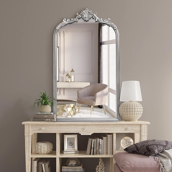 English Estate Carved Arch Wood Wall Mirror, Mirror for Entryway, Living Room, Bathroom, Antique Silver, 20.4x33