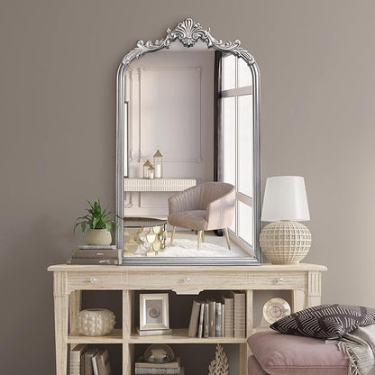 English Estate Carved Arch Wood Wall Mirror, Mirror for Entryway, Living Room, Bathroom, Antique Silver, 20.4x33