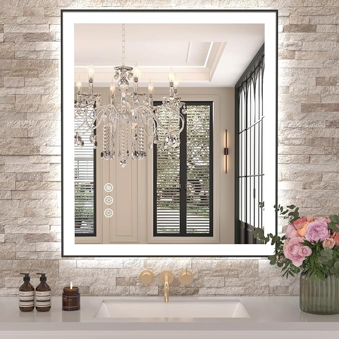 28"x32" LED Bathroom Mirror, Frontlit&Backlit, Controlled Separately | Black Metal Frame, Stepless Dimmable, Anti-Fog, HD Reflection, Shatter-Proof, 3 Colors Lighting, Memory, UL Listed