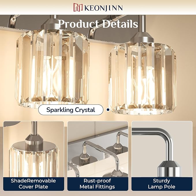 Keonjinn 5-Light Crystal Bathroom Light Fixtures Over Mirror, Chrome | Vanity Lighting Fixture with Square Shades, Dimmable, Modern Style, Compatible with E26 Base LED Bulbs (Blub Not Included)