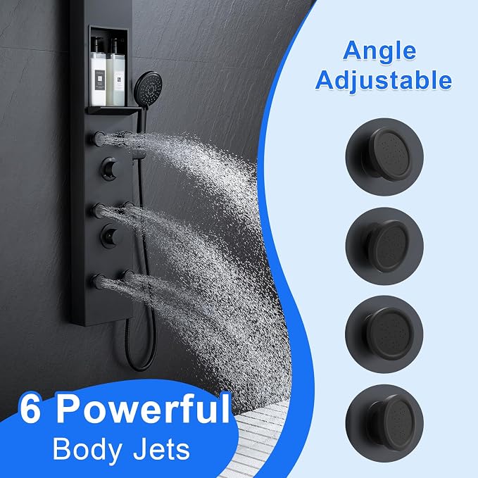 PF Shower Panel Tower Adjustable Shower Arm Height Rainfall Head System | Stainless Steel Shower Panel with Shelf and 6 Body Massage Jets Bathroom Black Shower Column Panels 5-Mode Handheld Shower
