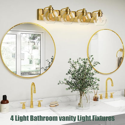 4 Light Bathroom Light Fixtures-Brushed Gold Bathroom Vanity Lights, Modern Vanity Lights 4-Light Bathroom Lighting Fixtures Over Mirror with Clear Glass Globe Shade