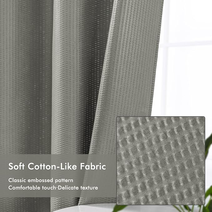 No Hook Gray Shower Curtain with Snap-in Fabric Liner 71x74 | Embossed Waffle-Look Textured, Sheer Window, Soft & Lightweight, Water Repellent Fabric Shower Curtain for Bathroom