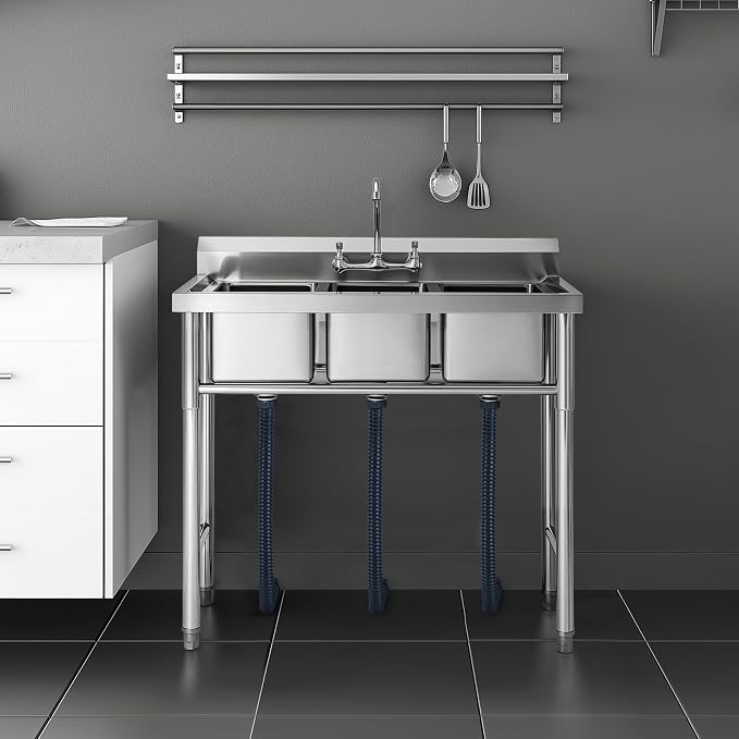NSF Stainless Steel 3 Compartment Commercial Sink 11x10x10 Inch Basins, Kitche Station Utility Sink for Restaurant Bar Home Laundry Room Garage