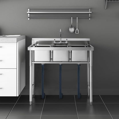 NSF Stainless Steel 3 Compartment Commercial Sink 11x10x10 Inch Basins, Kitche Station Utility Sink for Restaurant Bar Home Laundry Room Garage