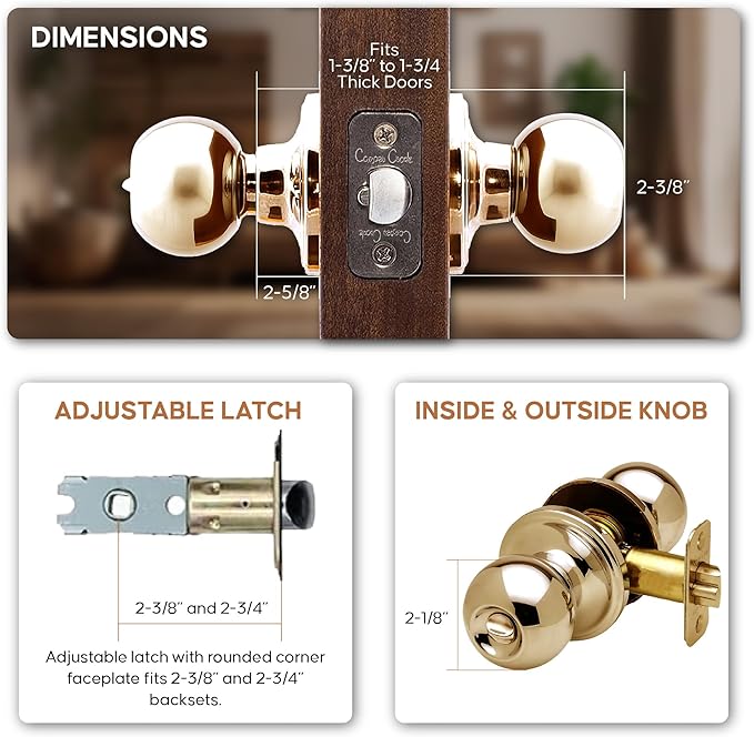 Copper Creek Privacy Interior Door Knob – ANSI Grade-3 Certified, Modern Heavy Duty Handle, Easy Install and Reversible for Bedroom, Bathroom & Closets – Polished Brass (1 Pack)