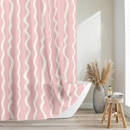 Tititex Cute Curvy Wavy Lines 140gsm Faux Linen Fabric Shower Curtain, Elegant Beige Pink Wave Striped Shower Curtain Sets Decoration 72x72 Inch with Hooks