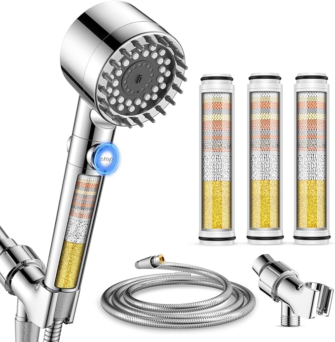 Filtered Shower Head with Handheld, High Pressure Showerhead with 3 Filters | Remove Chlorine for Hard Water, Reduce Dry Itchy Skin & Hair, ON/OFF Switch, 4 Spray Built-in Power Wash, Extra Holder & Hose