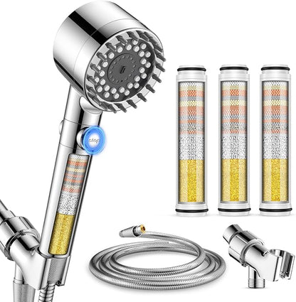 Filtered Shower Head with Handheld, High Pressure Showerhead with 3 Filters | Remove Chlorine for Hard Water, Reduce Dry Itchy Skin & Hair, ON/OFF Switch, 4 Spray Built-in Power Wash, Extra Holder & Hose