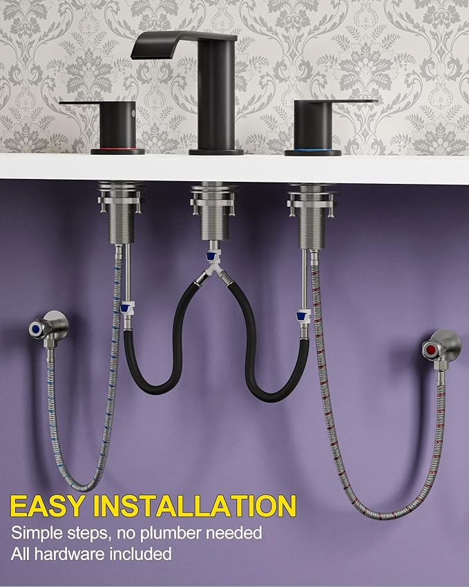 Homevacious Matte Black Waterfall Bathroom Faucet for Sink 3 Hole 8 Inch Widespread Bathroom Sink Faucets with Pop-up Drain Supply Lines Stainless Steel 2-Handle Bathroom Sink Faucet for Bath Vanity