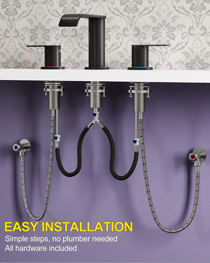 Homevacious Matte Black Waterfall Bathroom Faucet for Sink 3 Hole 8 Inch Widespread Bathroom Sink Faucets with Pop-up Drain Supply Lines Stainless Steel 2-Handle Bathroom Sink Faucet for Bath Vanity