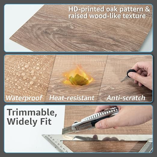 Art3d 30-Pack Peel and Stick Vinyl Floor Planks, 12" x 12", Light Brown Ash | Premium Vinyl, Self-Adhesive, Waterproof, Wood Grain, Fade-Resistant, Scratch-Proof, Ideal for Kitchen, Dining Room, Bedrooms