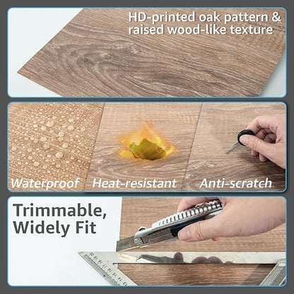 Art3d 30-Pack Peel and Stick Vinyl Floor Planks, 12" x 12", Light Brown Ash | Premium Vinyl, Self-Adhesive, Waterproof, Wood Grain, Fade-Resistant, Scratch-Proof, Ideal for Kitchen, Dining Room, Bedrooms