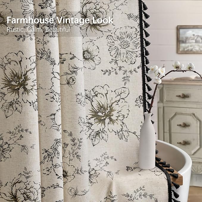 Farmhouse Floral Vintage Shower Curtain for Bathroom, Black and Tassels | Elegant Boho Tassels Pattern Bath Curtain, Linen Fabric, 72" W x 72" L