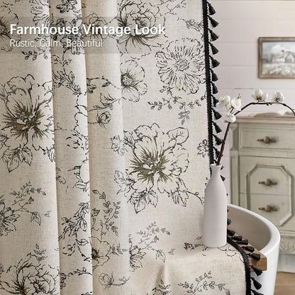 Farmhouse Floral Vintage Shower Curtain for Bathroom, Black and Tassels | Elegant Boho Tassels Pattern Bath Curtain, Linen Fabric, 72" W x 72" L