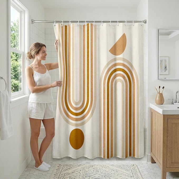 Americanflat 71x74 Boho Shower Curtain - Water-Resistant Long Shower Curtain with Durable Metal Grommets and 12 Hooks - 100% Polyester - Burnt Orange, Terracotta, Warm Sand and Cream