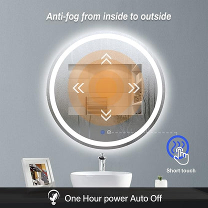24" LED Bathroom Mirror Round Vanity Mirror, Anti-Fog, Dimmable, 3 Color Temperature, Memory Function Led Wall Mirror for Bathroom, Vanity, Shaving (Vertical/Horizontal)