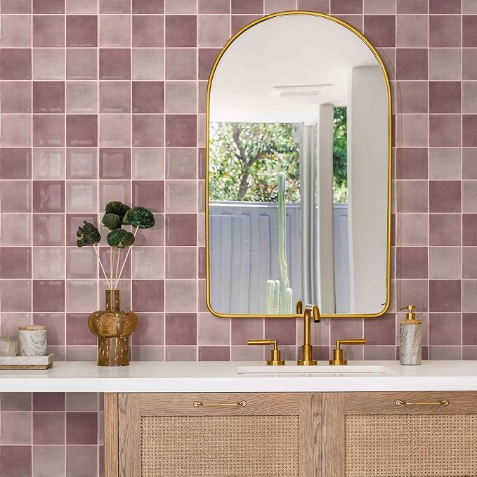 Commomy Thicker Pink Peel and Stick Tiles 10 pcs of 12" x 12" | 3D Adhesive Square Peel and Stick Tiles Backsplash for Kitchen, Bathroom,Waterproof, Vinyl Wall Tile(Cover 10 Sq.ft)