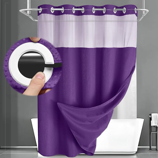 No Hook Shower Curtain with Liner Set Hotel Waffle Deep Purple 72W X 75L | Washable Snap in Fabric Liner, Mesh Top Window, Waffle Hotel Style Shower Curtain Set